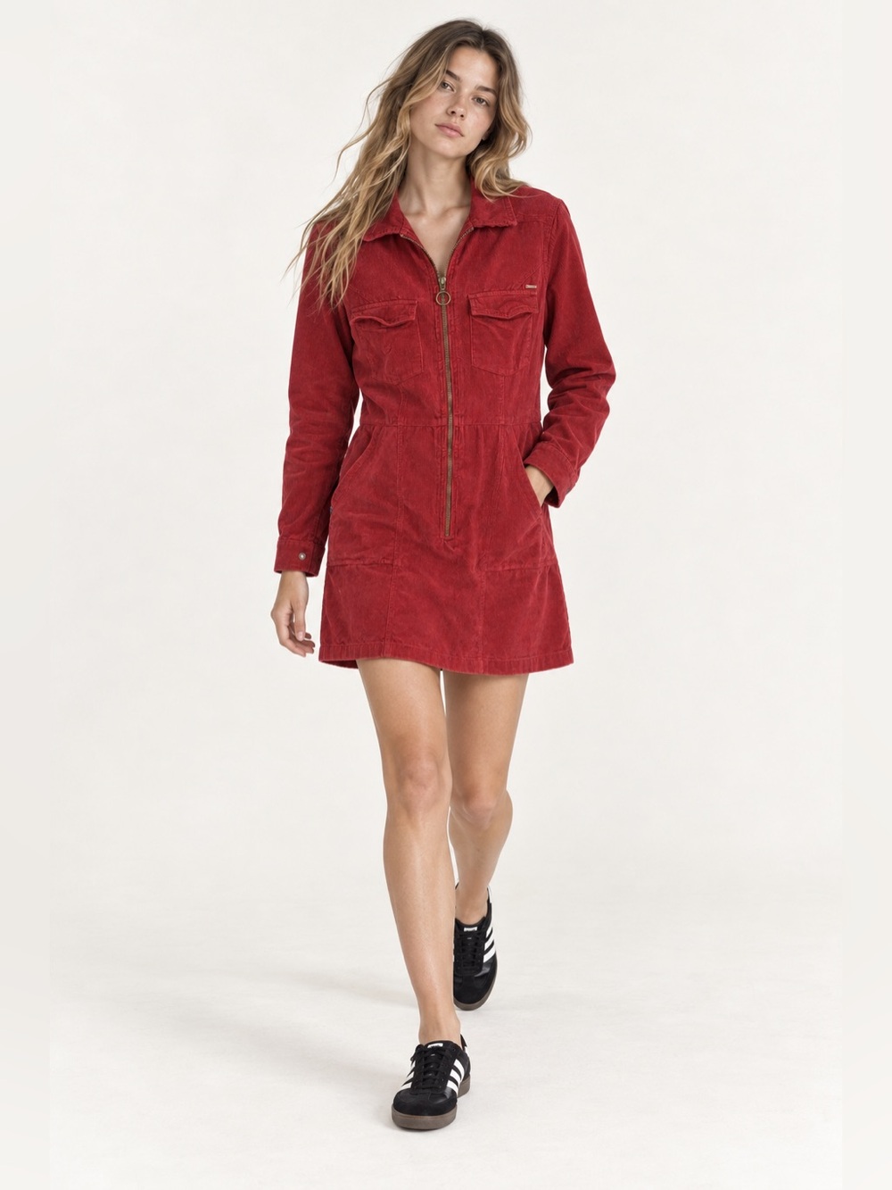 Superdry Red Corduroy Utility Zip Front Long Sleeve Mini Dress US 10